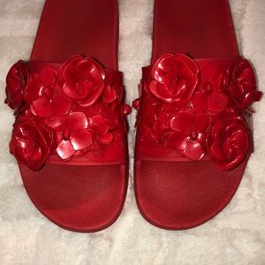 Tory Burch red/ flower slide sandals.